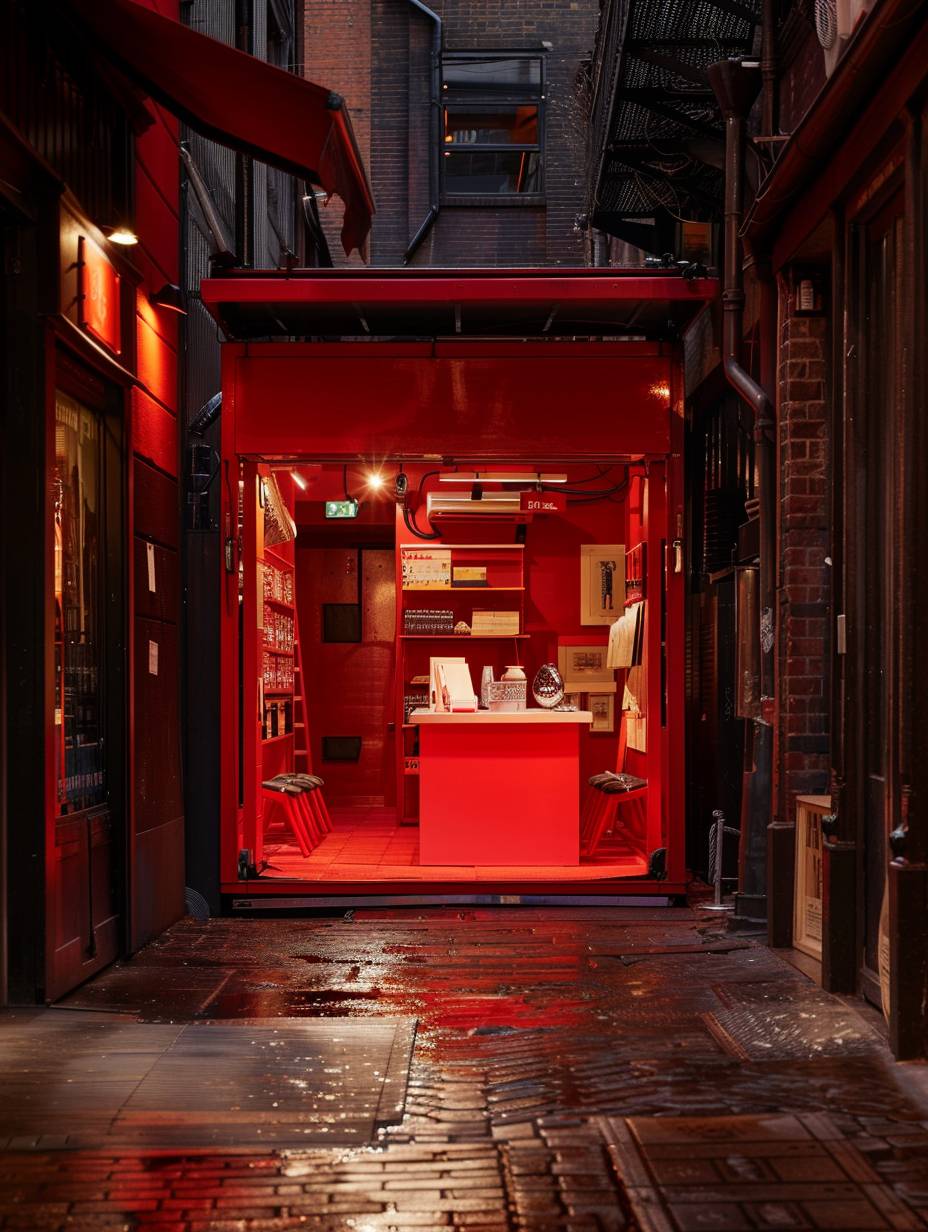 Wide angle photo of a red pop-up shop taken from a distance, photorealistic, shot on Arri Alexa