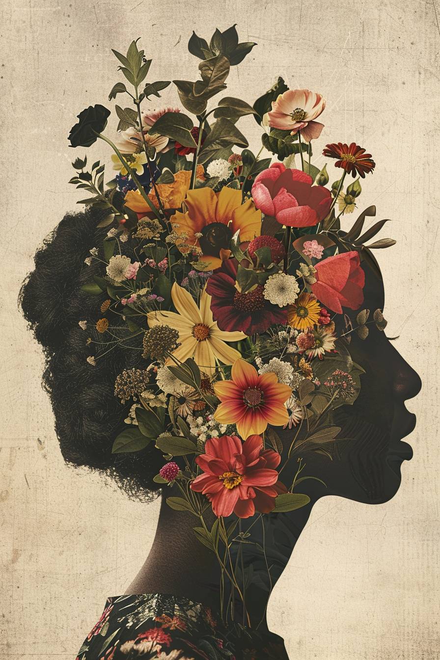 女性の頭部に花が覆われている、グラフィックデザインのポスターアートのスタイルで、はっきりとしたエッジの定義と高いコントラストの背景、リアルなレンダリング