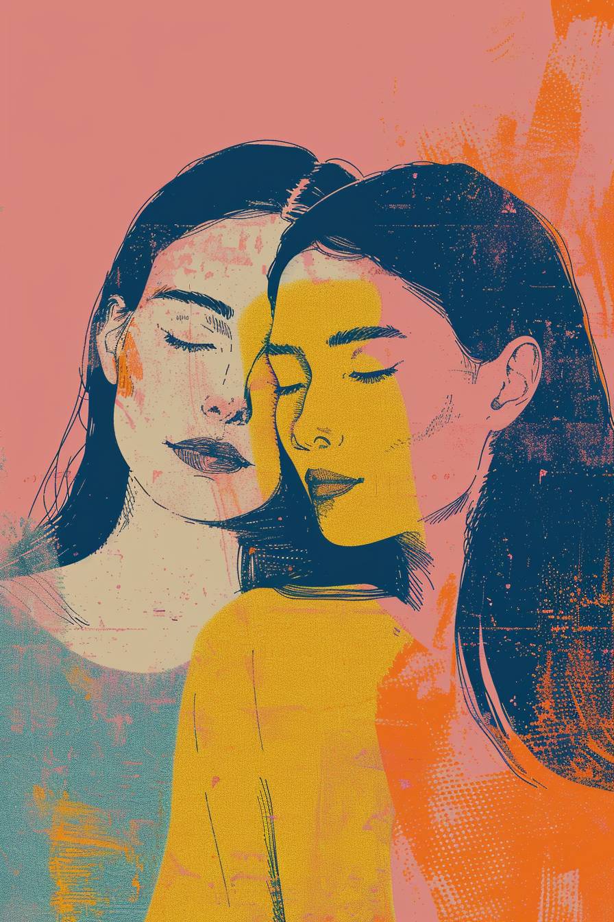 two women love each other, Cool illustration procreate, goache, strokes, pink background FCOFCO