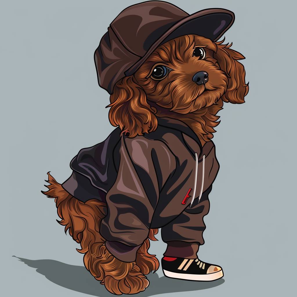 Illustration of a brown Cavoodle puppy wearing hip-hop clothing. The puppy should be dressed in a stylish hoodie, baggy pants, and a baseball cap turned sideways. The background should be simple to keep the focus on the puppy's detailed and cute appearance.