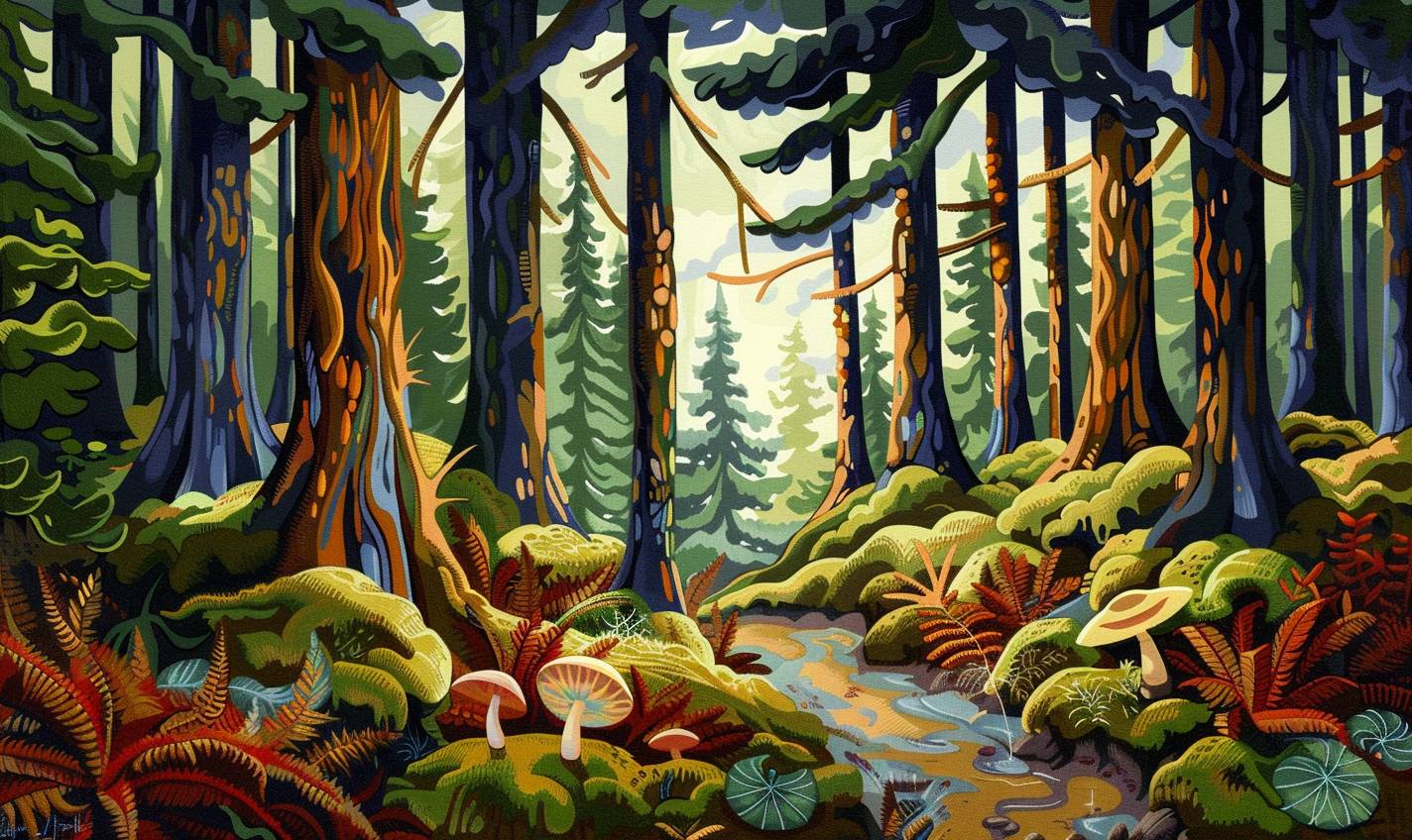 In the style of Lawren Harris, an ancient forest filled with magical creatures