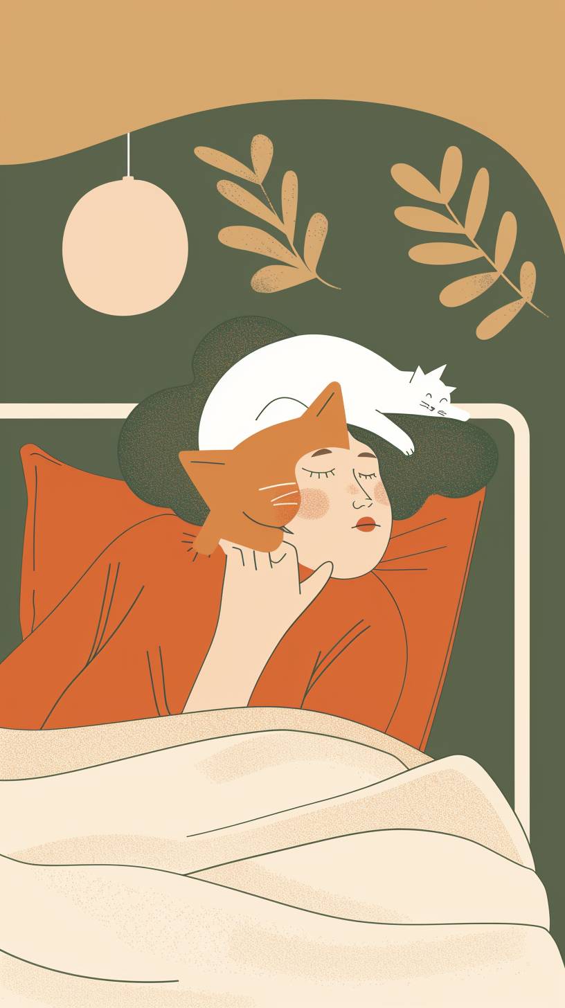 A flat illustration of a woman sleeping in a bed with a cat lying on her head, minimalist, warm, utilitarianism, geometric, danish design