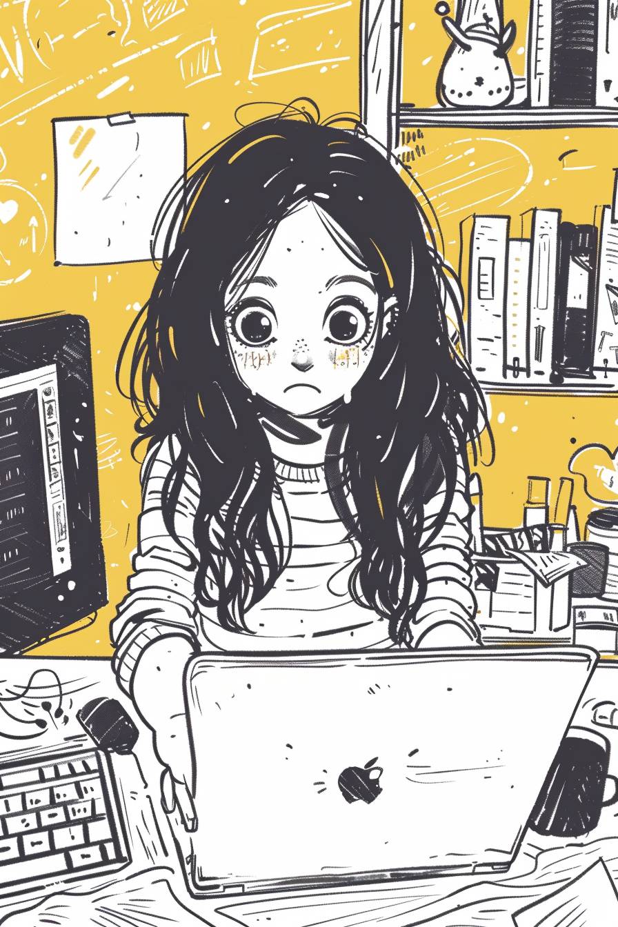 A desk, a laptop, a cute cartoon girl sitting in front of the computer, big eyes, exaggerated expression, doodle in the style of Keith Haring, sharpie illustration::1, bololines and solid colors, simple details, minimalist::1
