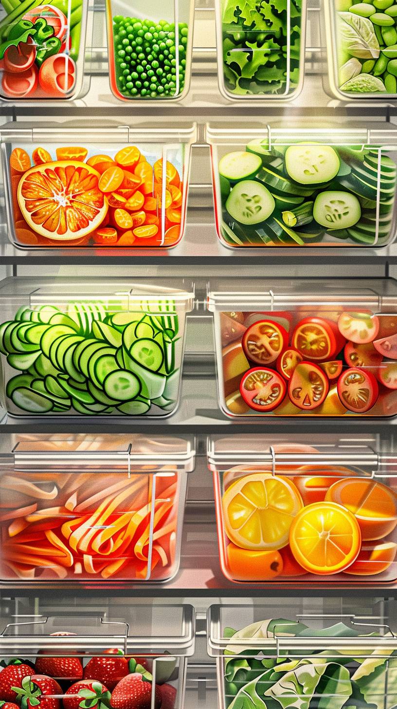 Imagine a highly detailed digital illustration of various prepared foods, neatly chopped and stored in clear glass or plastic containers, showcasing a commitment to healthy eating and meal preparation. The scene includes a variety of colorful vegetables, fruits, and other nutritious foods like diced carrots, sliced cucumbers, segmented oranges, and mixed salad greens, each in its own container. The containers are arranged on a kitchen counter or a refrigerator shelf, emphasizing their organizational appeal and the freshness of the ingredients. Use line art and vector techniques to capture the vibrant colors of the food, the clarity and simplicity of the containers, and the clean, orderly arrangement. The background should be minimalistic, focusing on the textures and details of the prepared food and the transparency of the containers, conveying a sense of healthy lifestyle and efficient meal prep.
