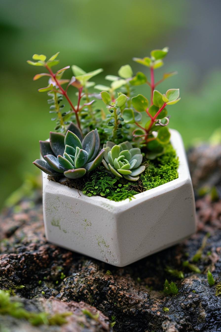 A micro landscape suitable for office desks. The container is a hexagonal ceramic cup the size of a grain of rice. It contains succulents, mosses, and vegetation. The picture is healing.