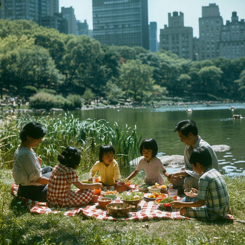 Family of five at a picnic. Laughter and conversation. Checkered blanket. Central Park. Summer of 1975. Skyscrapers, other picnickers, a pond. Wide shot, full body. Shot on a Rolleiflex 2.8F, Fujicolor Pro 400H film. Bright sunlight, food items in detail, vivid colors.