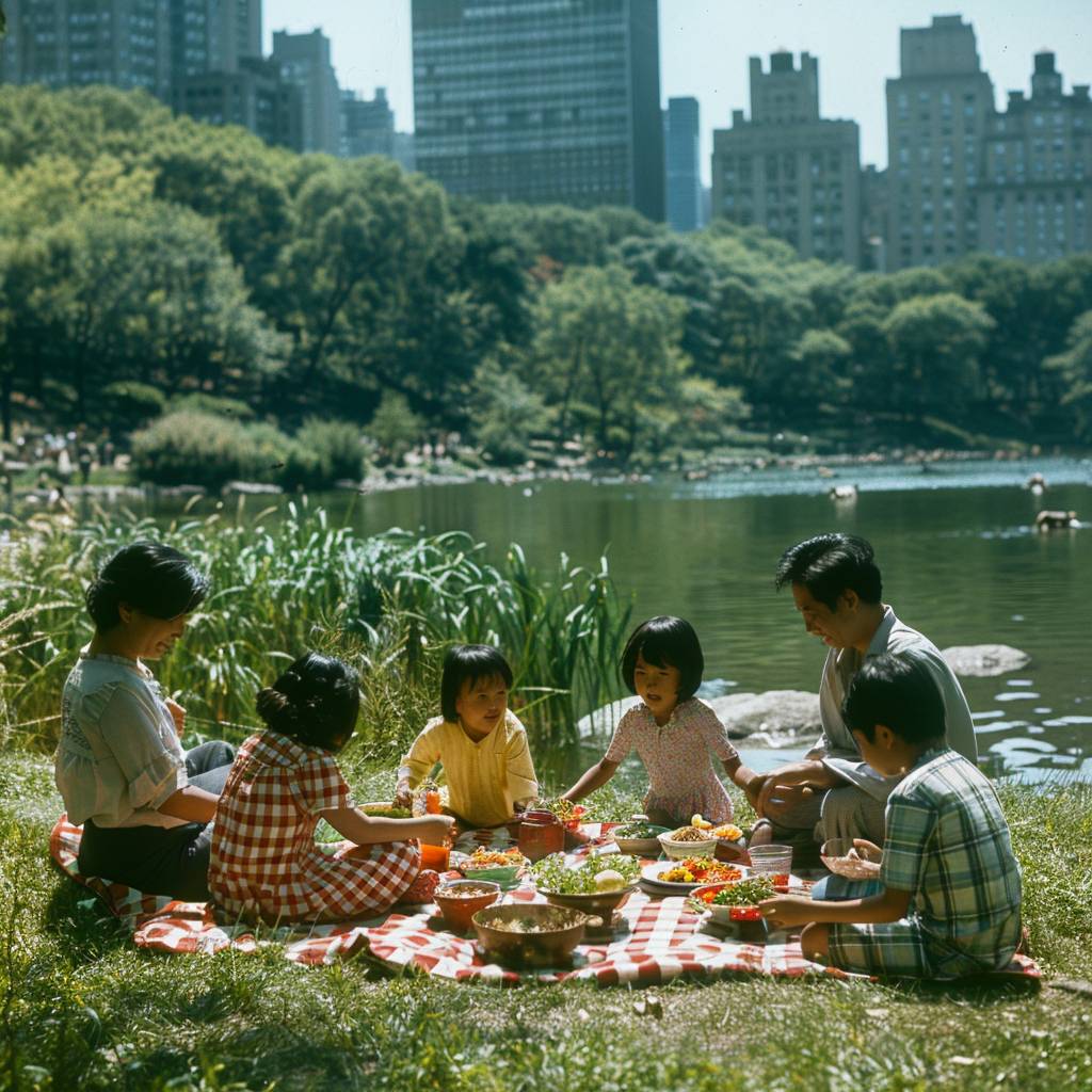 5人家族のピクニック。笑い声と会話。チェック柄のブランケット。1975年の夏、セントラルパーク。摩天楼、他のピクニッカー、池。広角、全体の写真。Rolleiflex 2.8F、フジカラープロ400Hフィルム使用。明るい日差し、食べ物のディテール、鮮やかな色彩。