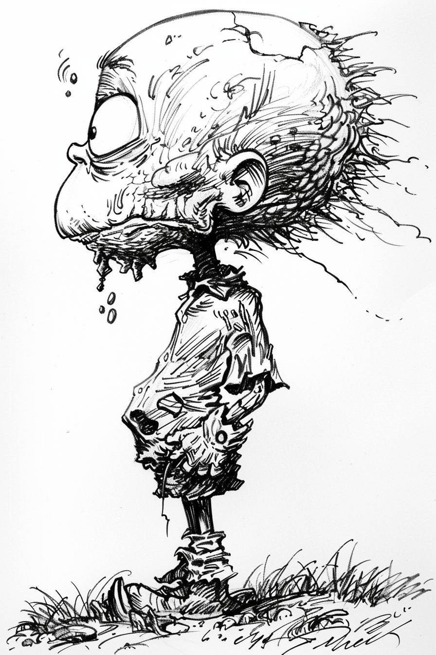 In the style of Charles M. Schulz, character, ink art, side view
