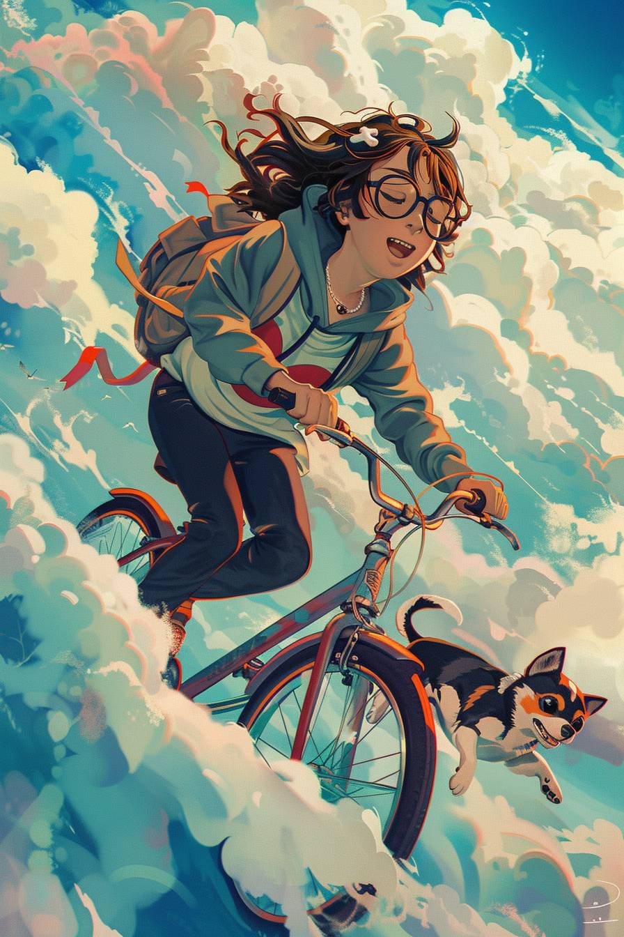 A retro looking girl with brown hair and glasses wearing a sailor moon hoodie and black pants is riding a bike up a road into the clouds, in the sky with a small black and tan miniature pinscher chasing her with a happy expression, in a limited 4 color palette, lo-fi colors Studio Ghibli style --ar 2:3 --v 6.0