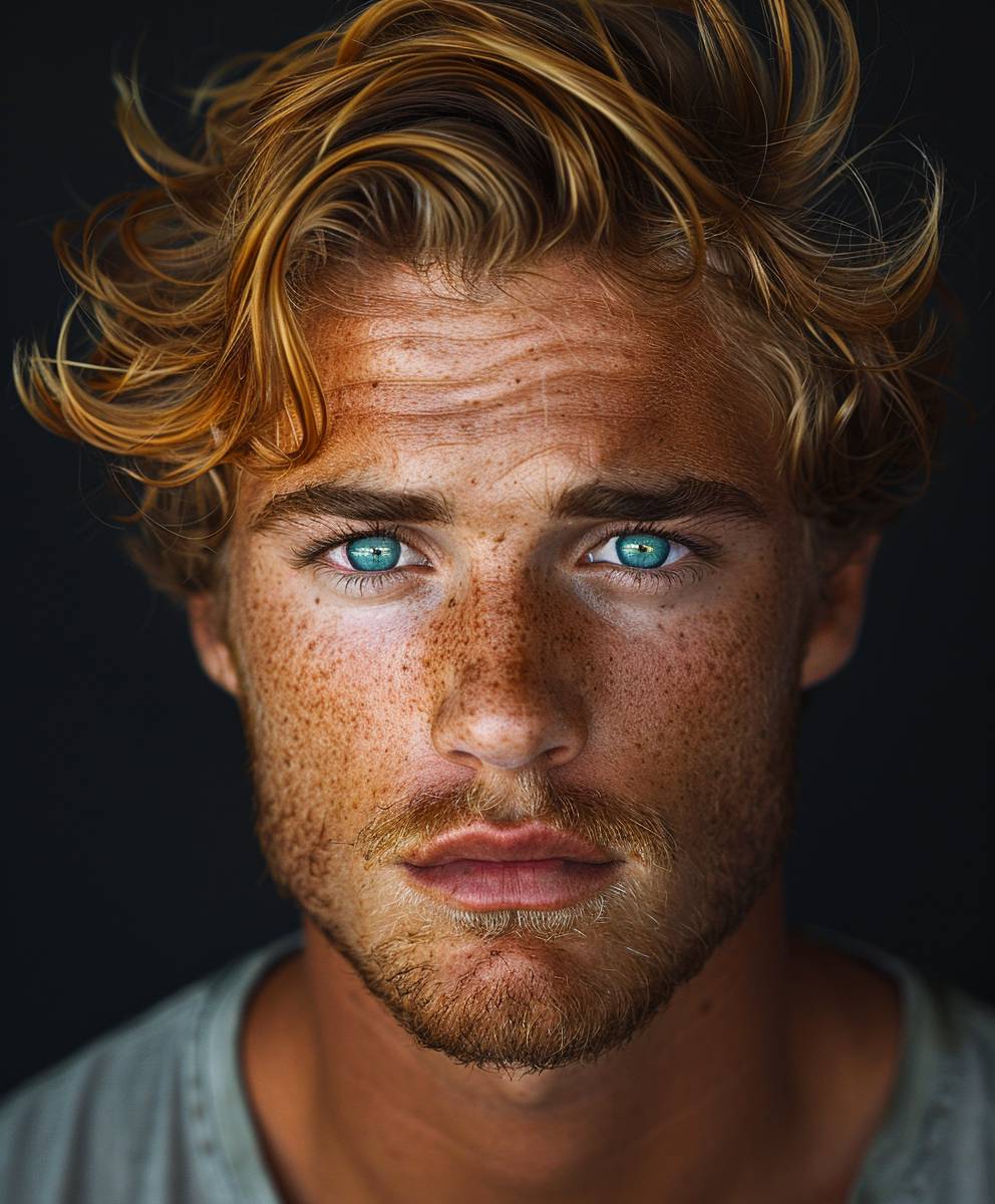 A modern-style photograph of a man with blue eyes, broad shoulders, and blond hair carelessly gathered at the back of his head.