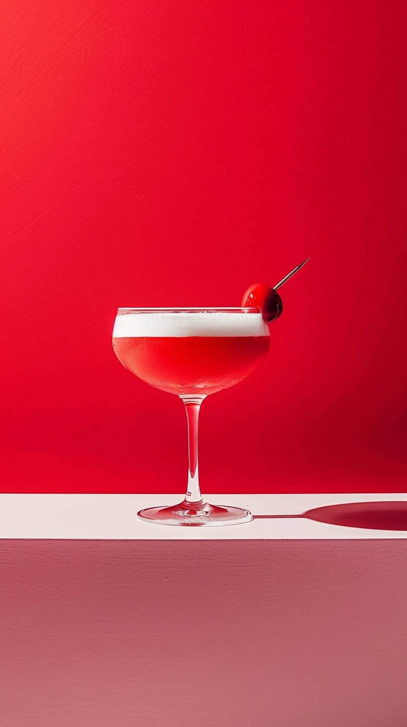 Imagine a cocktail on a white table with a red background.