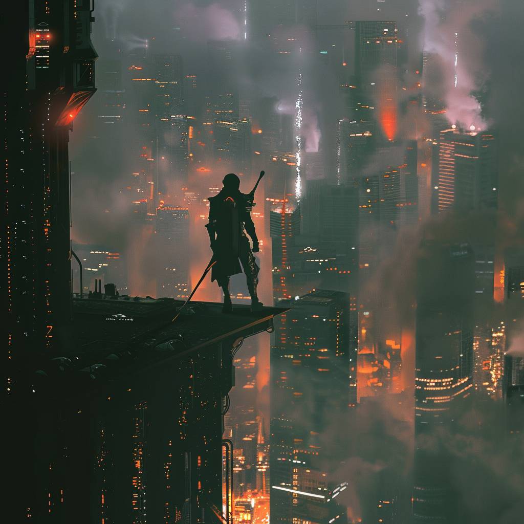 A silhouetted figure of a warrior standing on a ledge overlooking a futuristic, dystopian city skyline shrouded in fog and haze, with skyscrapers emerging from the mist and glowing lights in the background