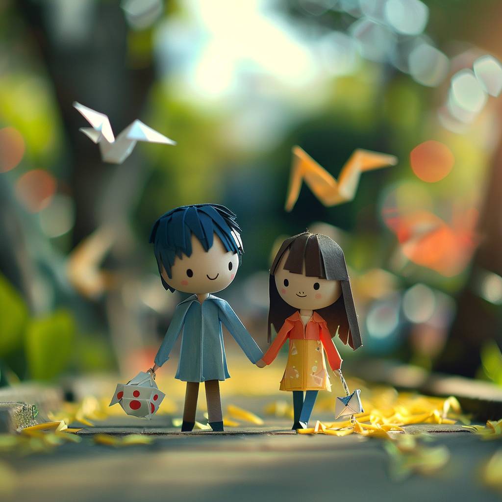 The childhood sweethearts walked hand in hand on the campus path, smiling brightly, depth of field control method, origami style, 16k, high resolution--ar 3:2  --v 6.0