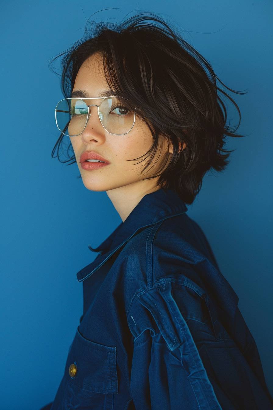 Sonoya Mizuno with short hair as a dystopian volunteer officer wearing clean blue workers clothes and transparent glasses looking confidently over her right shoulder --ar 2:3 --stylize 250  --v 6.0