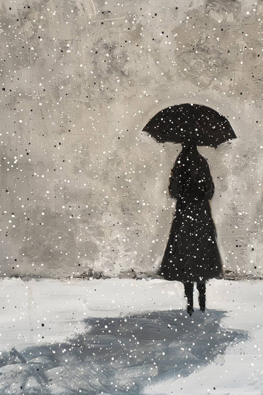 Very minimal art, woman in the snow, Roseanne Kenny, painted