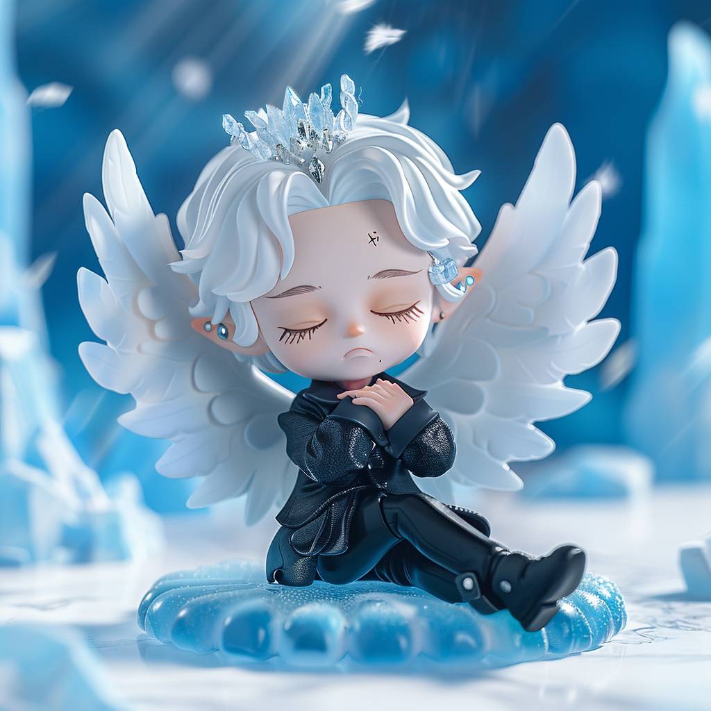 IP by pop mart, blind box toys, 1 girl, blue eyes, vampires, one eye closed, white hair, Wearing a crystal crown on his head, Sitting on jelly, angel, Crystal Wings, Blue gemstone, blue background, sitting, best quality, very aesthetic, 8k, without text