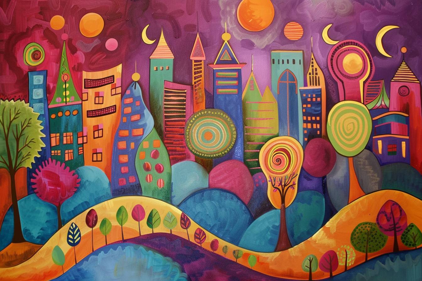 In the style of Laurel Burch, city landscape