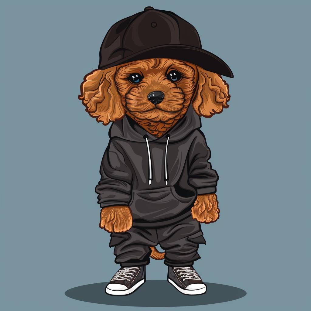 Illustration of a brown Cavoodle puppy wearing hip-hop clothing. The puppy should be dressed in a stylish hoodie, baggy pants, and a baseball cap turned sideways. The background should be simple to keep the focus on the puppy's detailed and cute appearance.