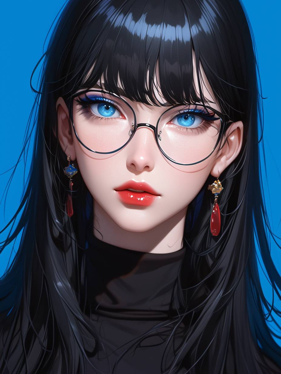 A woman with black long hair and bangs with light blue eyes, long eyelashes, blue eyeshadow and lipstick. The woman has a red earring on her left ear and she wears some black glasses.