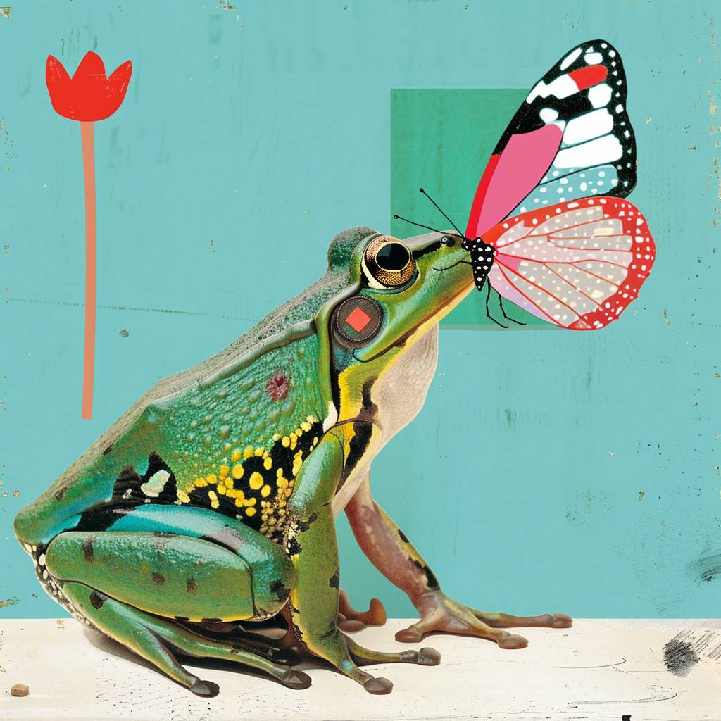 A frog kissing a butterfly