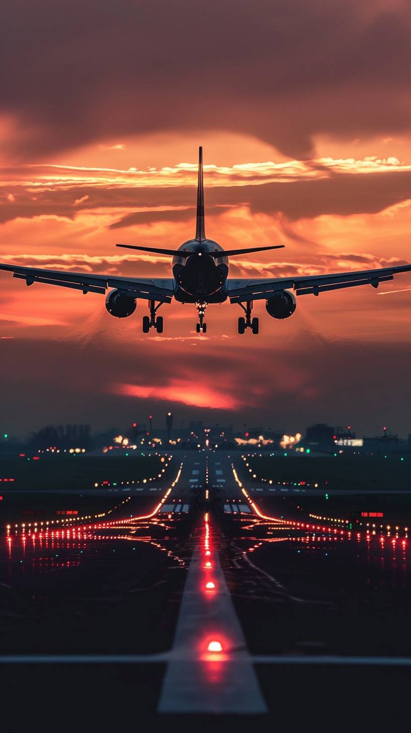 トロピカルまたはフロリダの空港で夕焼け時に着陸する飛行機をフロントビューで表現した、非常にクールな航空テーマの携帯電話のホームスクリーンの背景写真です。ほとんど晴れた空です。