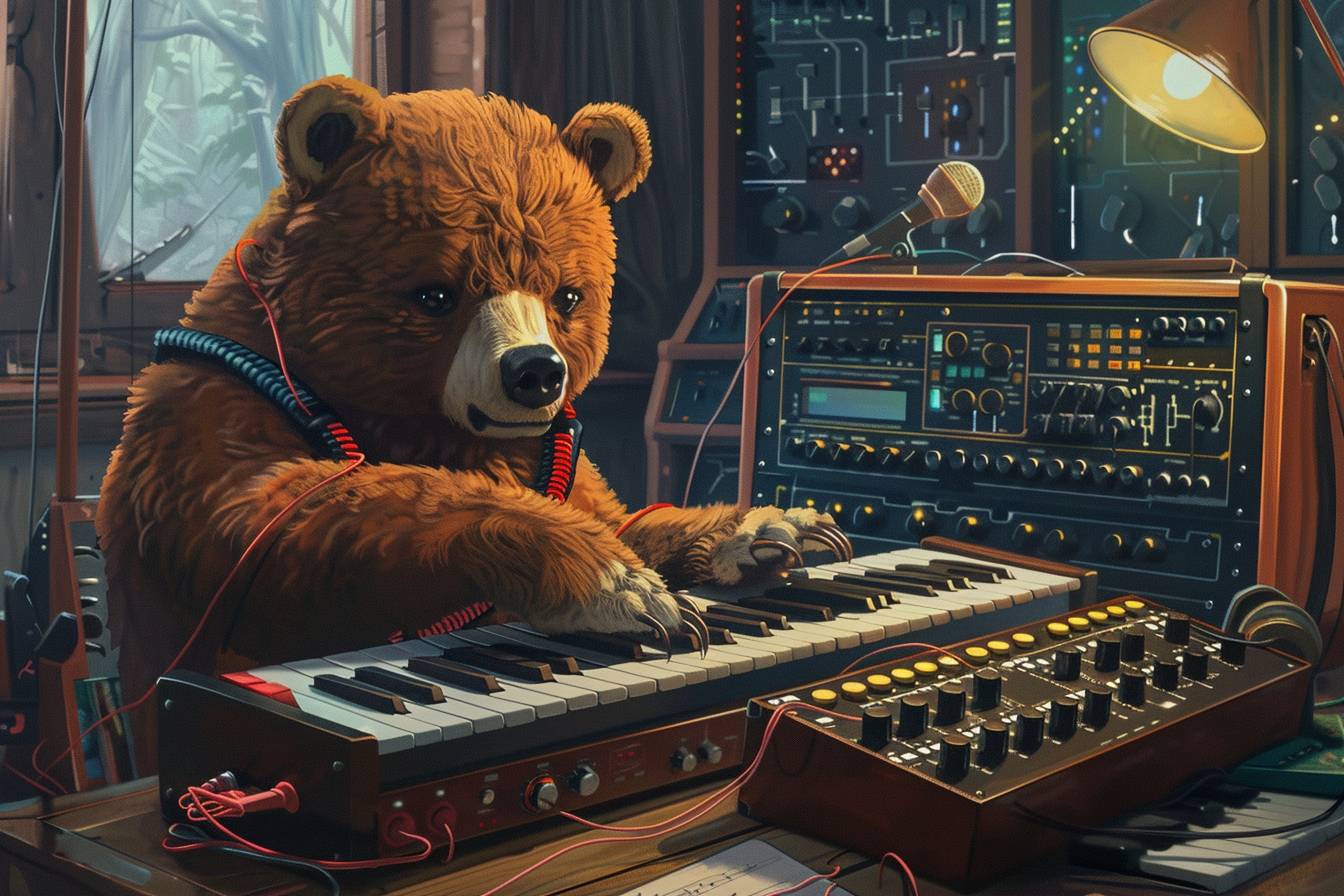 A bear playing a MiniMoog Synthesizer, naive art