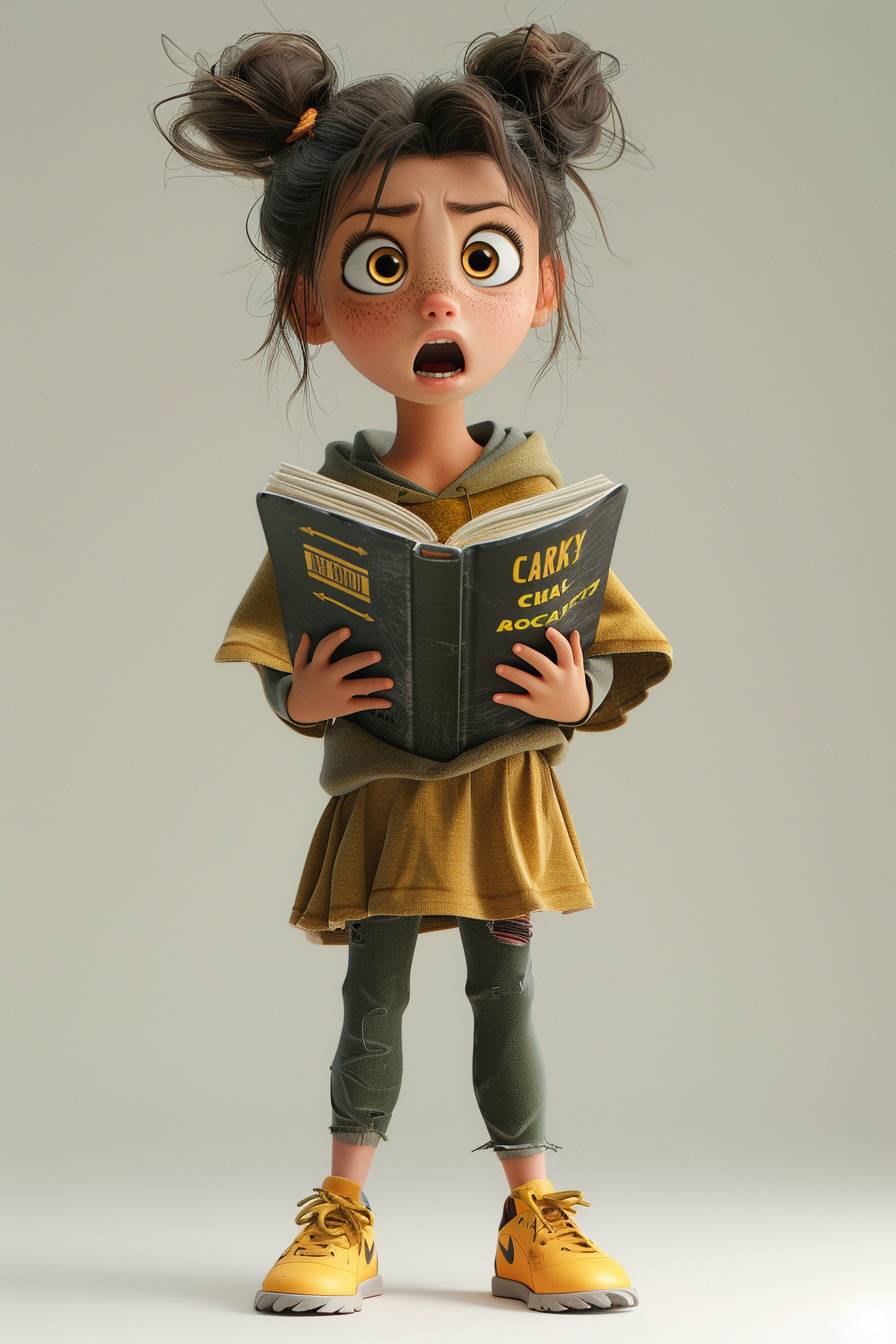 フットボールのTシャツを着たクララという名前の女の子が黄色い靴を履いて、驚きの表情を浮かべ、本の中で驚くようなものを見つける、3Dレンダリング、Pixarスタイル