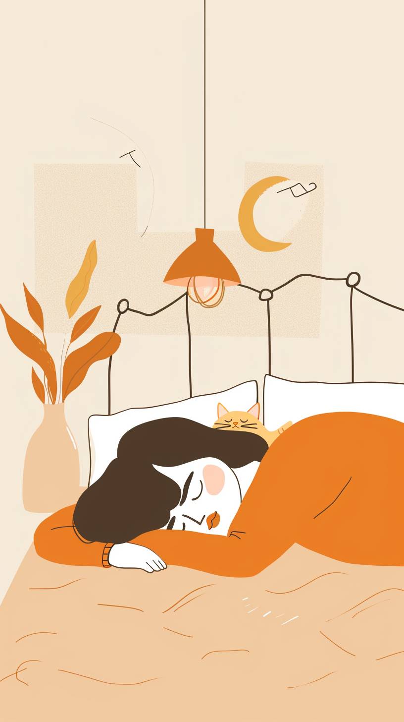 ベッドで寝ている女性と頭に猫のいるイラスト、ミニマリスト、暖かい、実用主義、幾何学的、デザイン