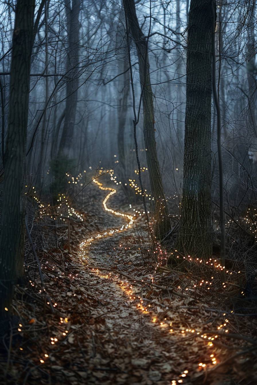 In the style of Akos Major, Fairy lights illuminating a path through the woods -- Aspect ratio 2:3 -- Version 6.0