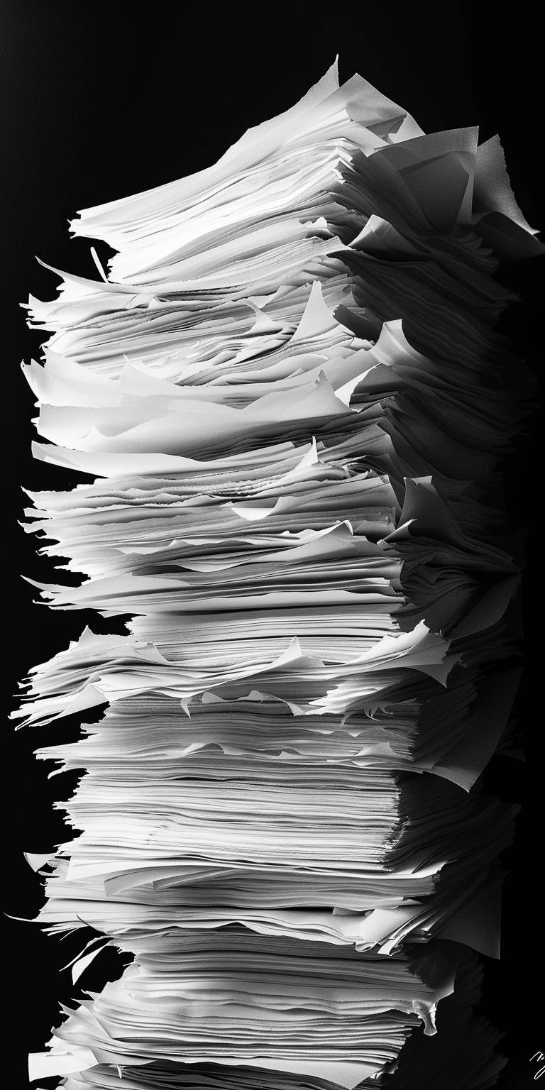 Tall paper stacked high on a black background