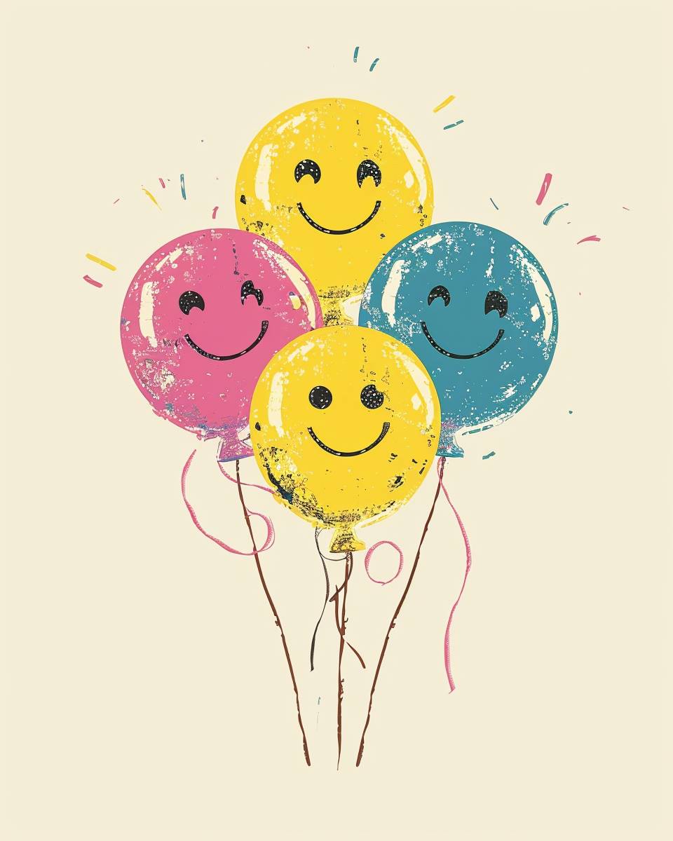 Flat print, yellow smiling emojis that is a balloon disco balls, the emoji ballons are made like disco balls, plain pastel cream background, illustration, retro poster art