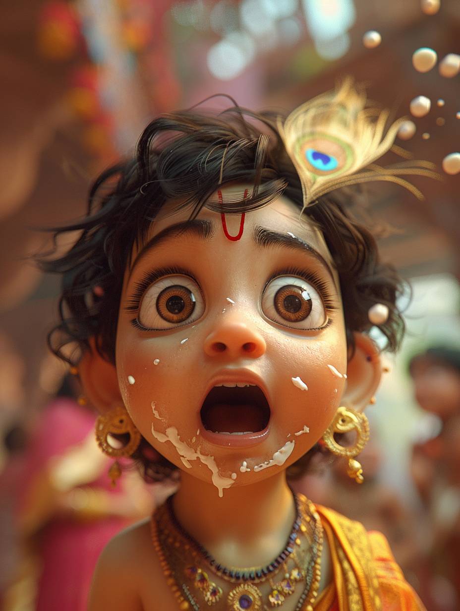 Very fat and cute child Lord Krishna in cartoon style, with very fat red cheeks, in focus, blurry background, standing in village, with peacock feather on head, looking up at camera, stunned, gentle smile, white butter spilled on face, 3d animation