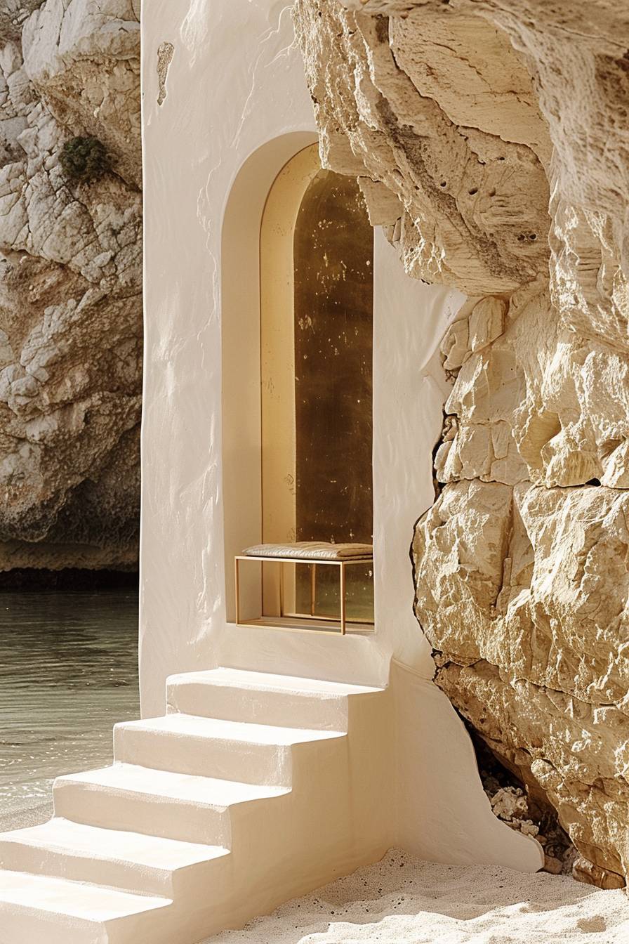 Photo of a small pink mirror, a scenographic architecture, minimalist limestone rocks architecture, carved in rock, merging to the rocks, blending to the rocks, coastal, light beige and azure, golden hour, Kodak Portra 400