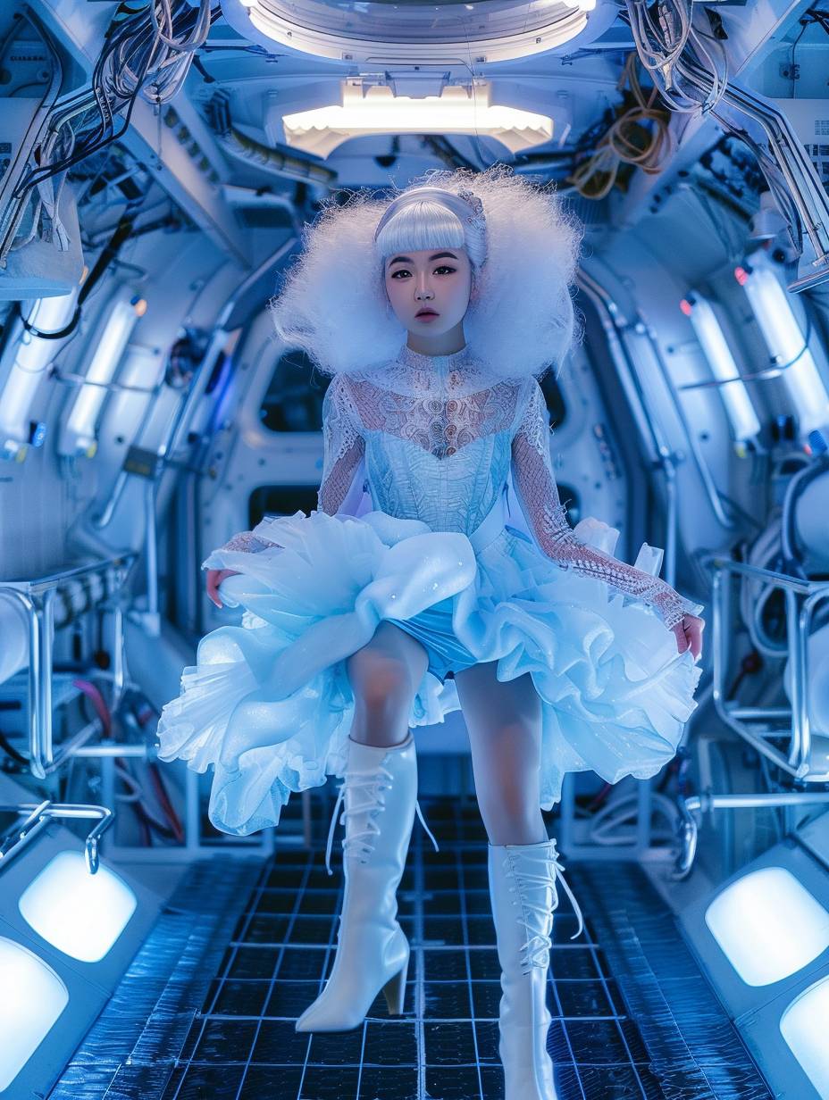 A photograph of an Asian woman with white hair, a puffy, curly, cloud-like hairstyle, wearing an ice blue dress and boots, inside a spaceship with intricate lighting.