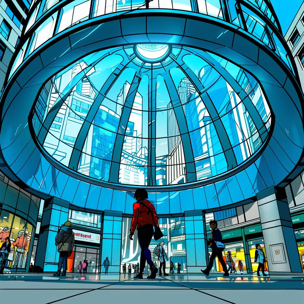 Cinematic still of a stunning glass dome structure in a bustling urban plaza, with people walking by and reflections of the cityscape on the glass. The contrast between the sleek glass and the traditional buildings around it creates a dynamic visual effect.
