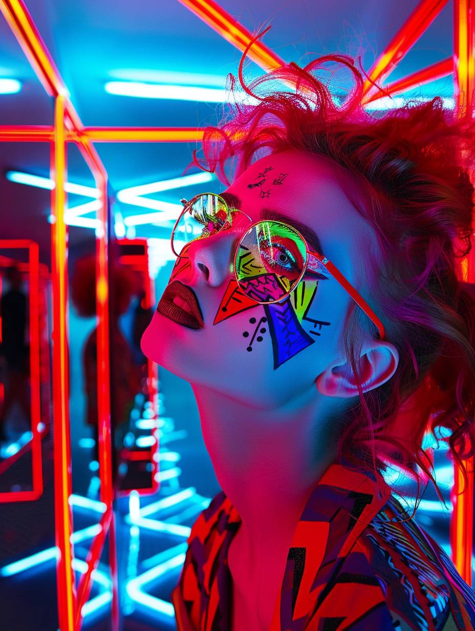 A young woman with vibrant neon hair and geometric Art Deco patterns painted on her face, posing in a surreal, dream-like setting with mirror-like floors and walls reflecting her image.