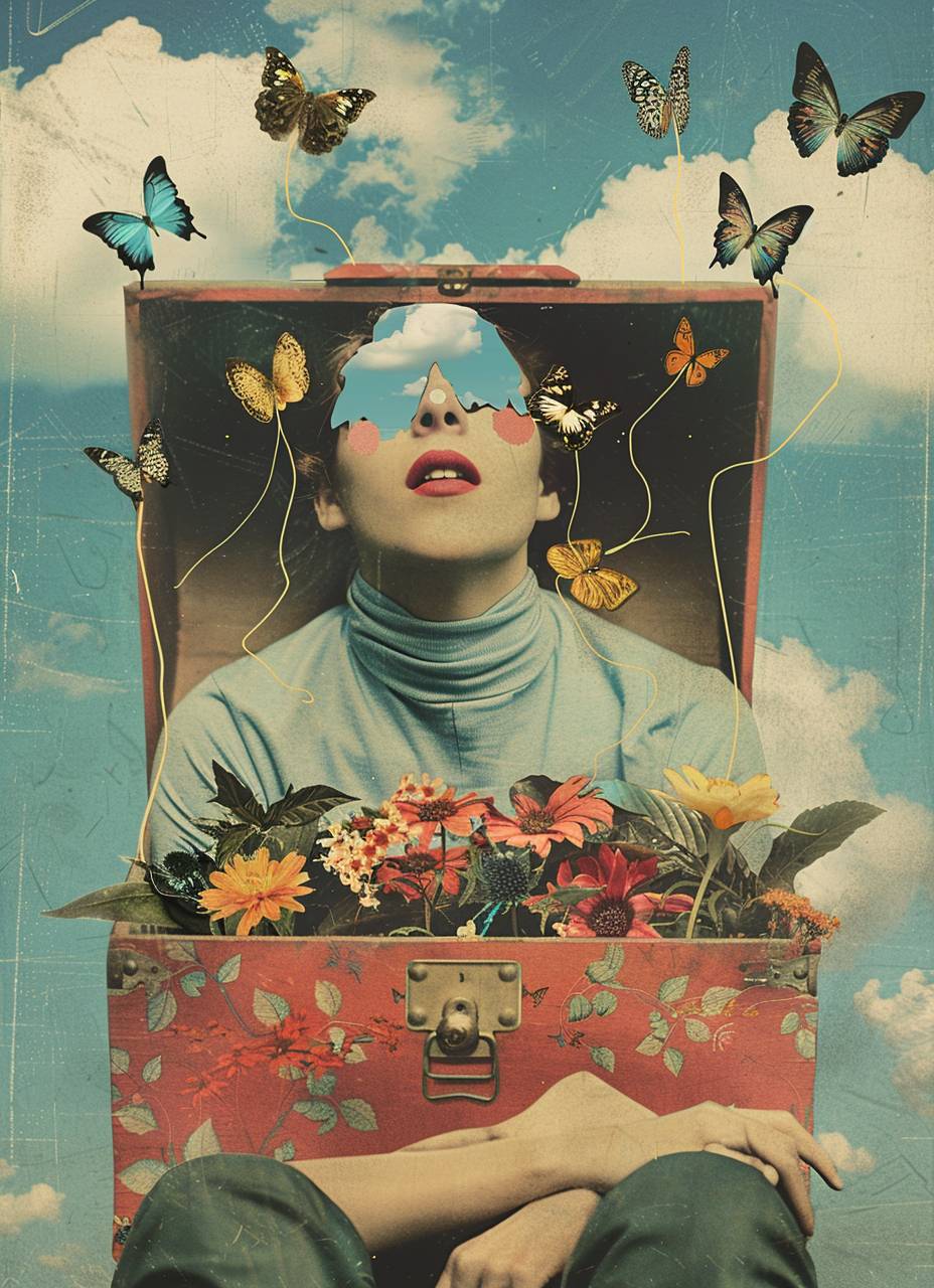 A woman with blue sky and clouds inside her chest, surrounded by butterflies and flowers on her lap. Vintage cut-and-paste style, collage art with dental floss as facial hair. Photo montage with surreal absurdity.