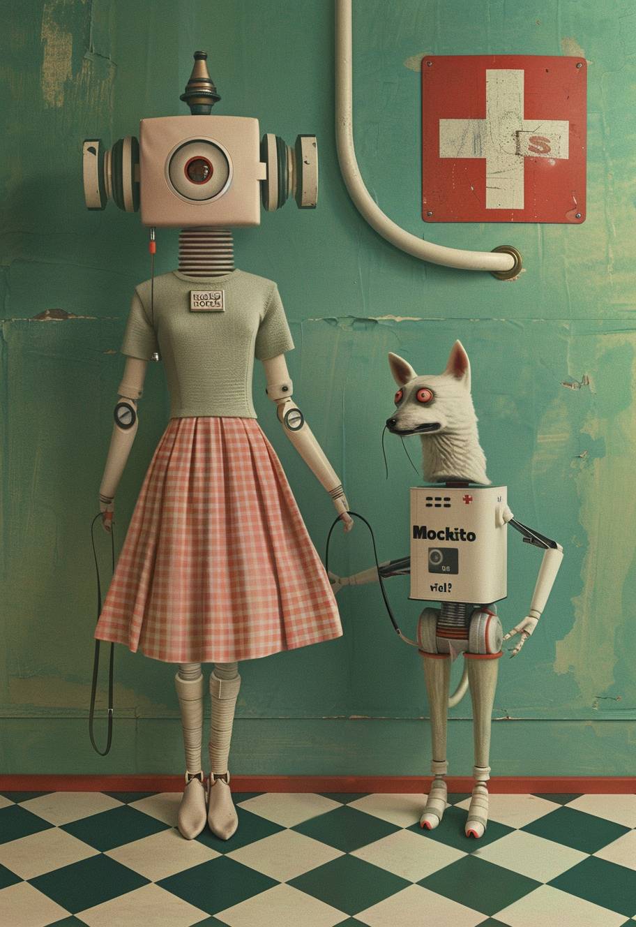 Surrealistic cut and paste collage in the style of Wes Anderson depicting a female robot with one large eye wearing a skirt standing on a checkered floor holding the leash to her dog who is half robotic and half natural looking animal in an old green hospital room, with pastel colors and a red cross sign hanging from the wall behind the subject. Showing a full body view.