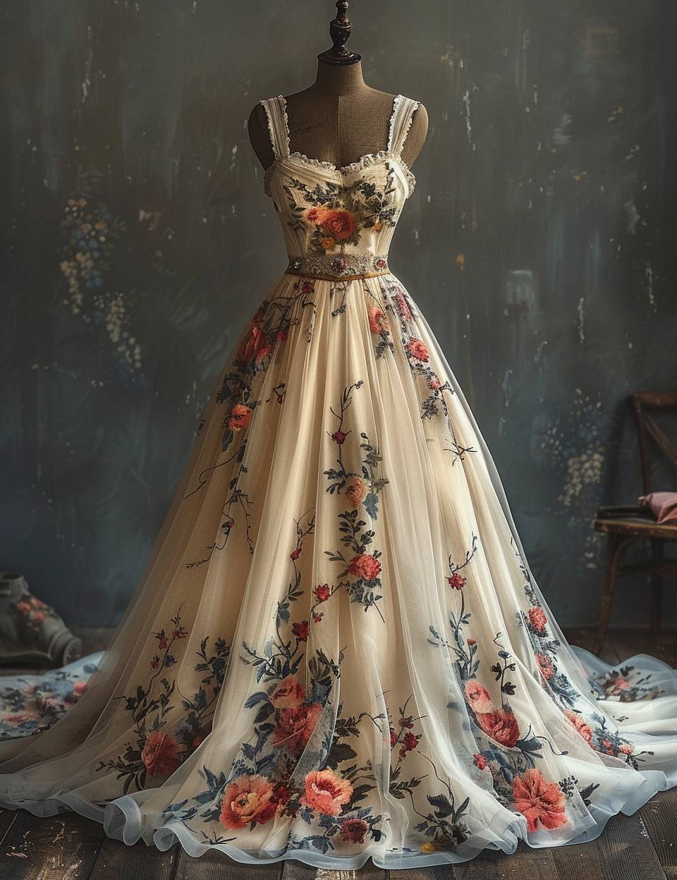 美しいビンテージ風の花柄ウェディングドレス、水彩、高いディテール、HDR、自己影、ユニーク、複雑なディテール、手描き