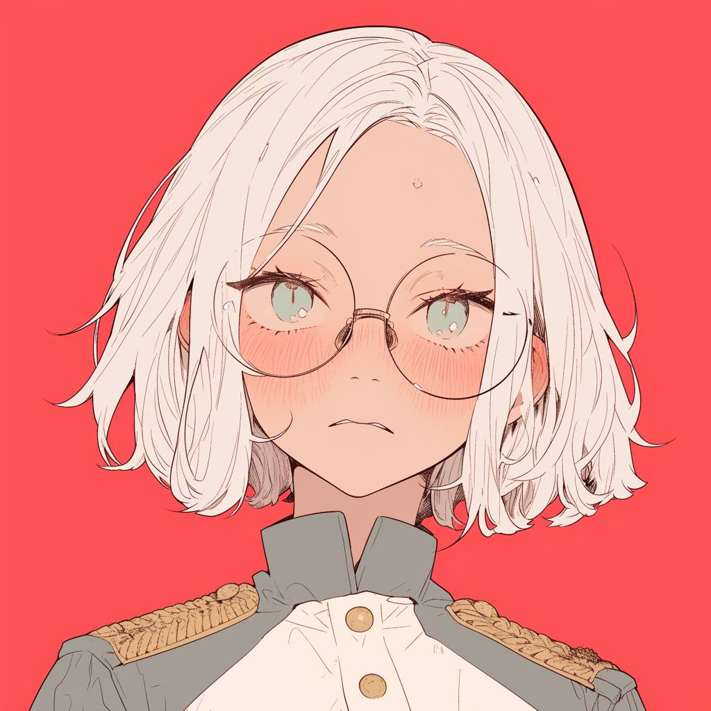 A girl with short, layered, silver hair in the style of Boku no Hero. She has silver eyes with dark circles and glasses, a round face, tanned skin with many scars, and thick eyelashes. She wears the UA uniform -- niji 6