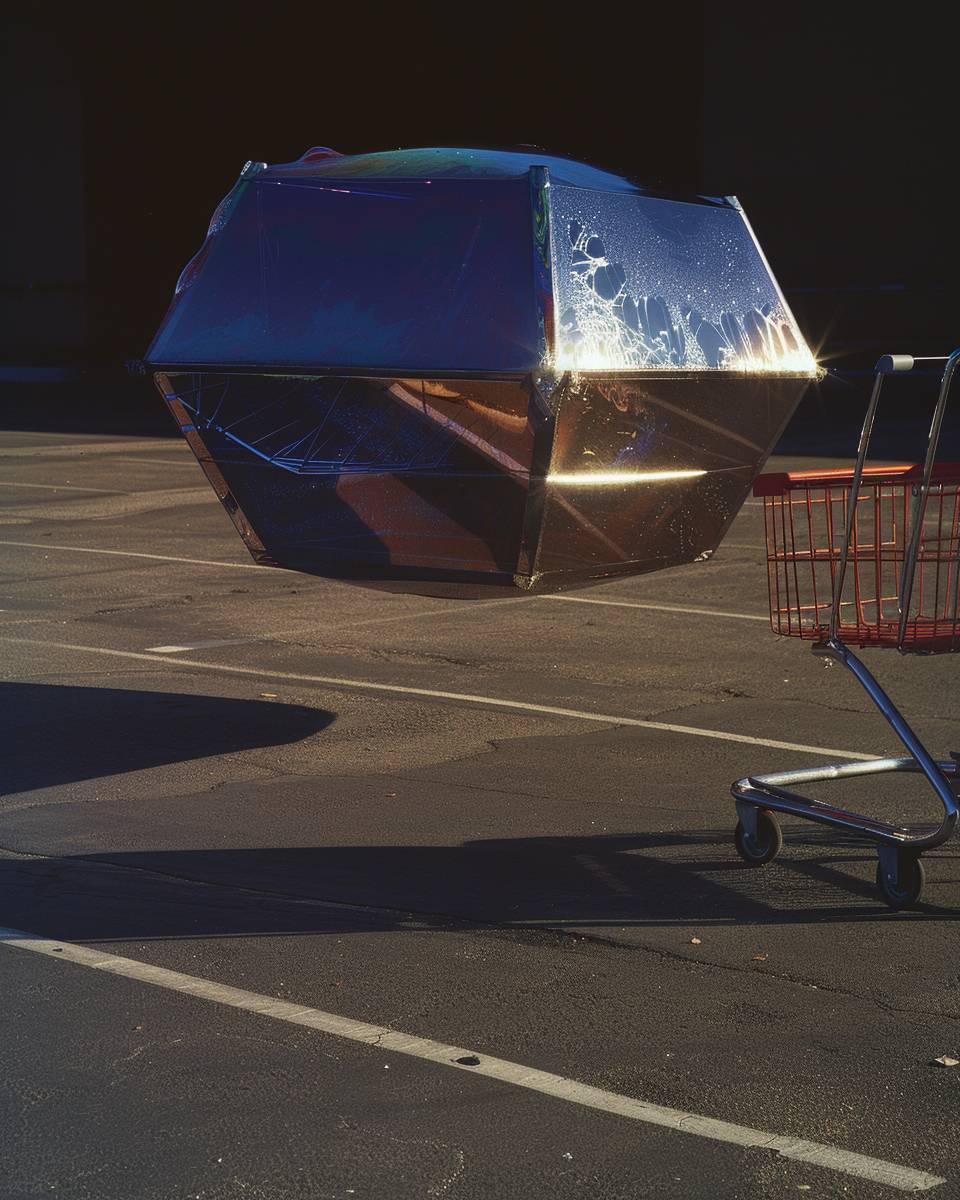 A large iridescent and heterogeneous soap bubble floating through a parking lot above an abandoned red shopping cart, sparkling and glistening in the sun. The bubble is reflecting the world around it as it glistens.