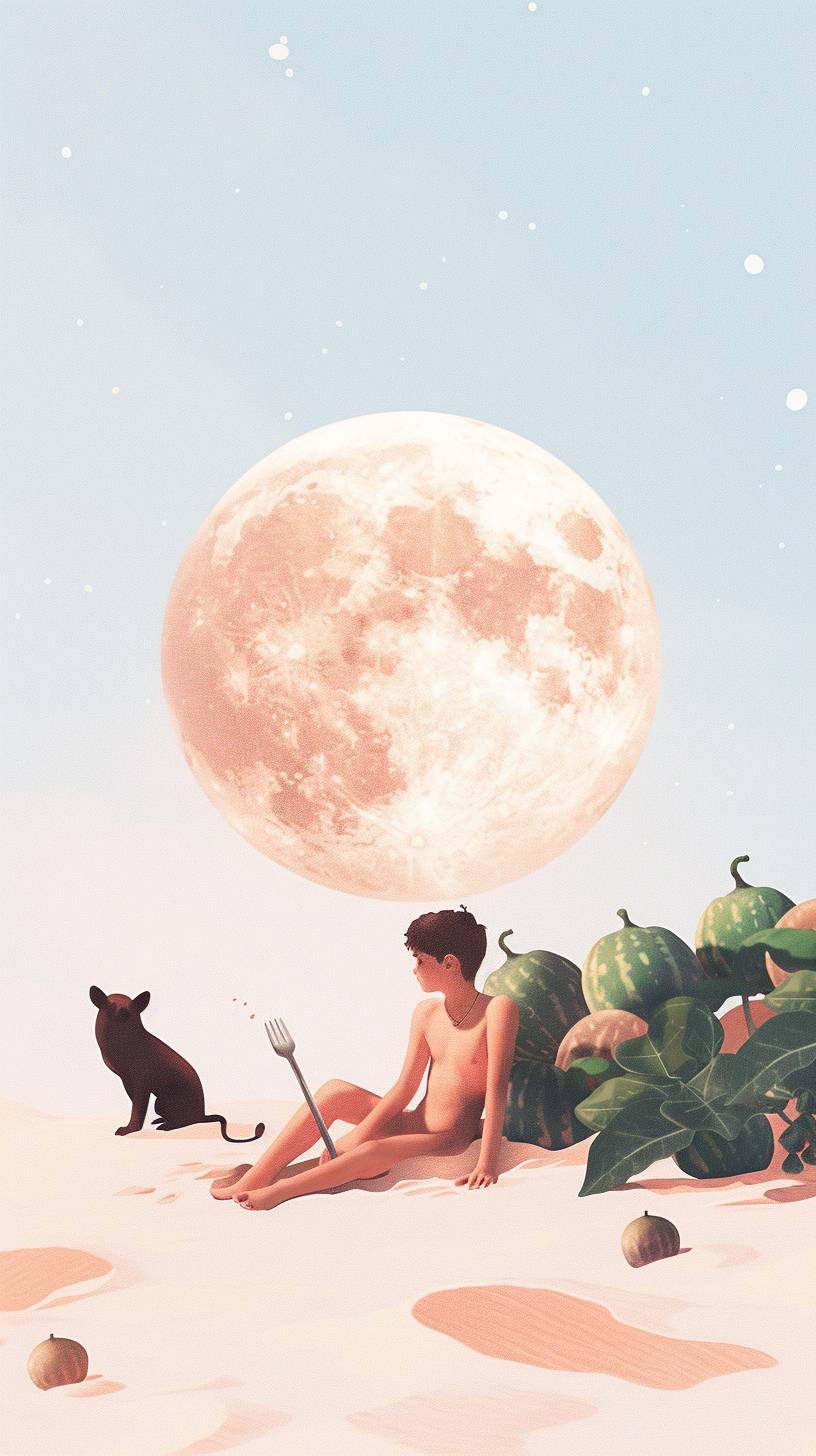 In the deep blue sky hangs a golden round moon, below is the sandy beach, all planted with endless green watermelons. Among them is a boy of eleven or twelve years old, wearing a silver ring around his neck, holding a steel fork, stabbing a tiger.