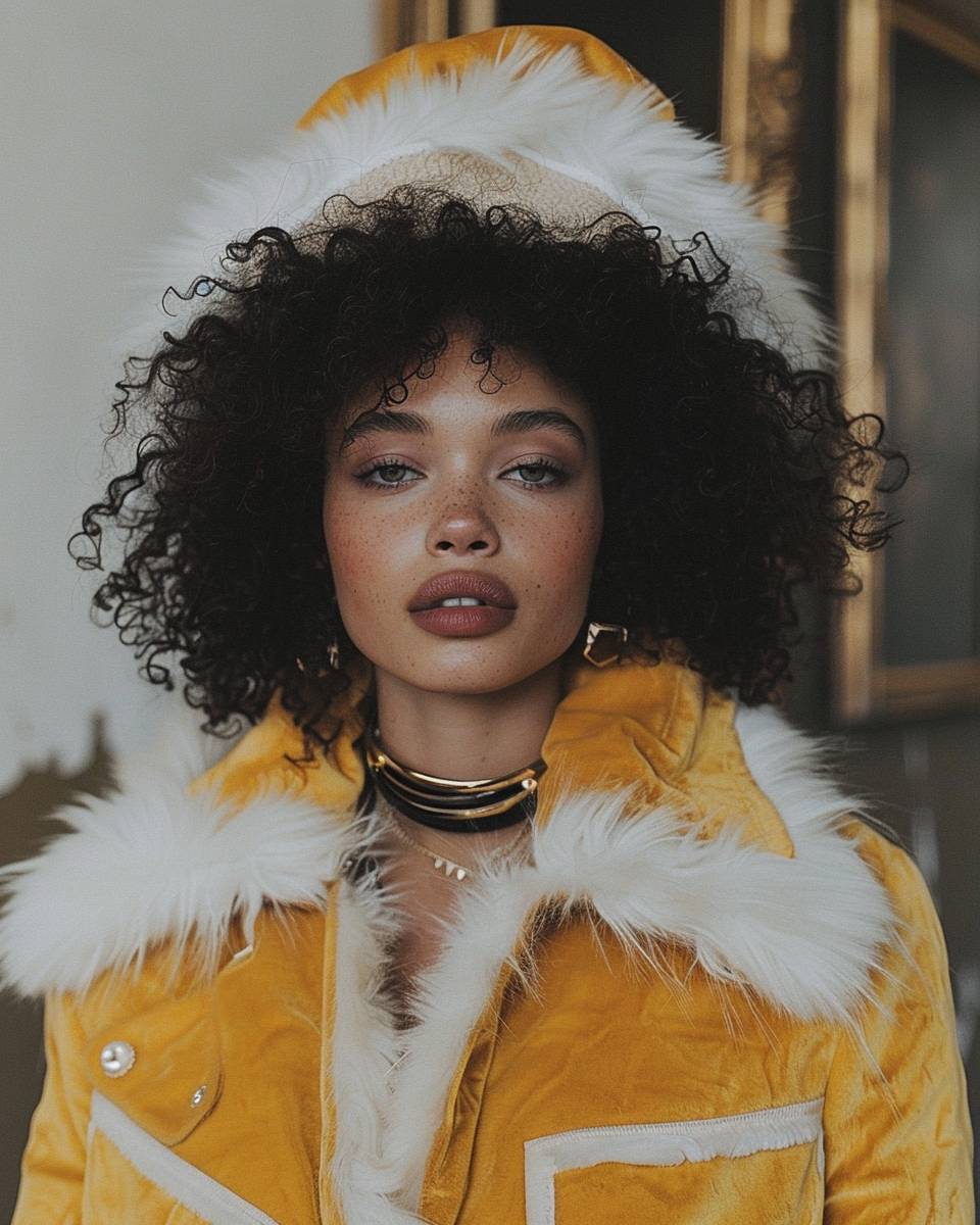 Editorial fashion photo of a young African American female model with curly hair, wearing a bright neon yellow gold fur jacket with white fur trim, and a yellow gold fur hat in opulent indoor vintage decor.