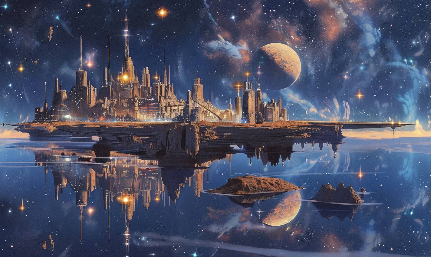In style of Peter Elson, Celestial city floating among the stars