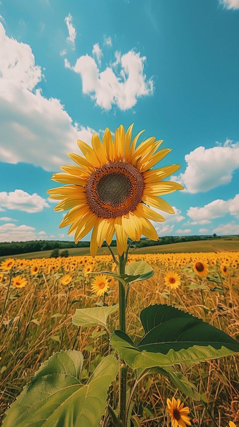 A sunflower blooms in the blue sky, white clouds and green fields of sunshine. High definition photography photos in the style of nature