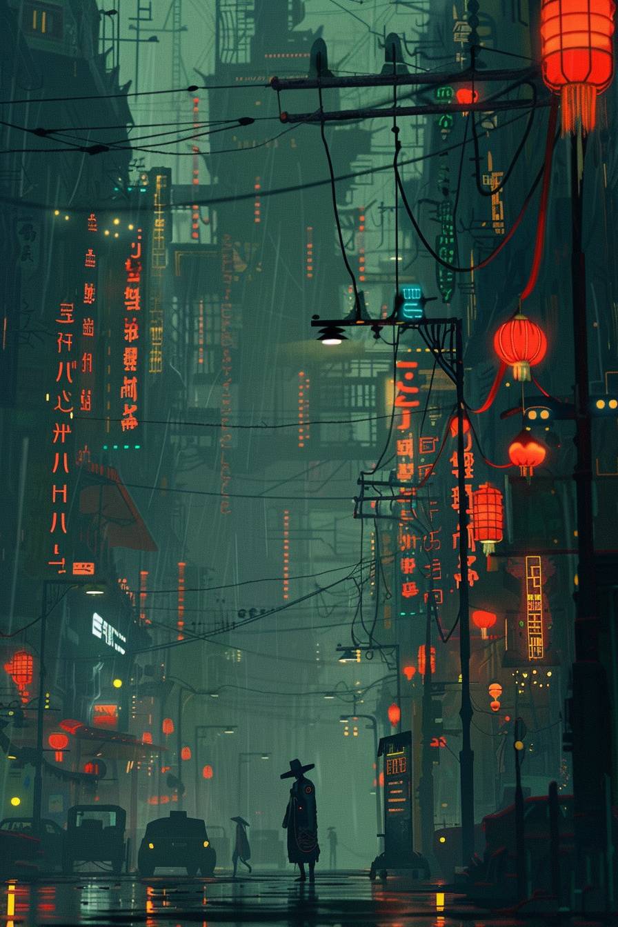 ジョン・クラッセン風のスタイルで、サイバーパンクな街の風景をネオンライトで描く