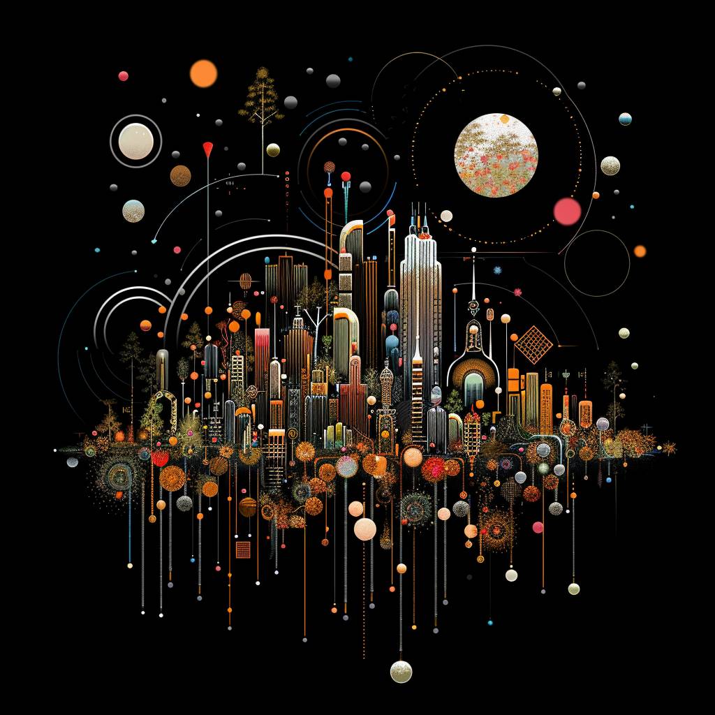 A portrait of [SUBJECT], in the style of novel visual, black background, an array of floating shapes and forms representing the cosmos, with large geometric circles in shades with monochromatic contrast, and small black dots scattered throughout. In between these shapes is a miniature cityscape made up of tiny buildings, trees, and other urban elements. The overall effect should be one of whimsy and fantasy, with a surreal quality that gives it a dreamlike feel. invert channels, color negative