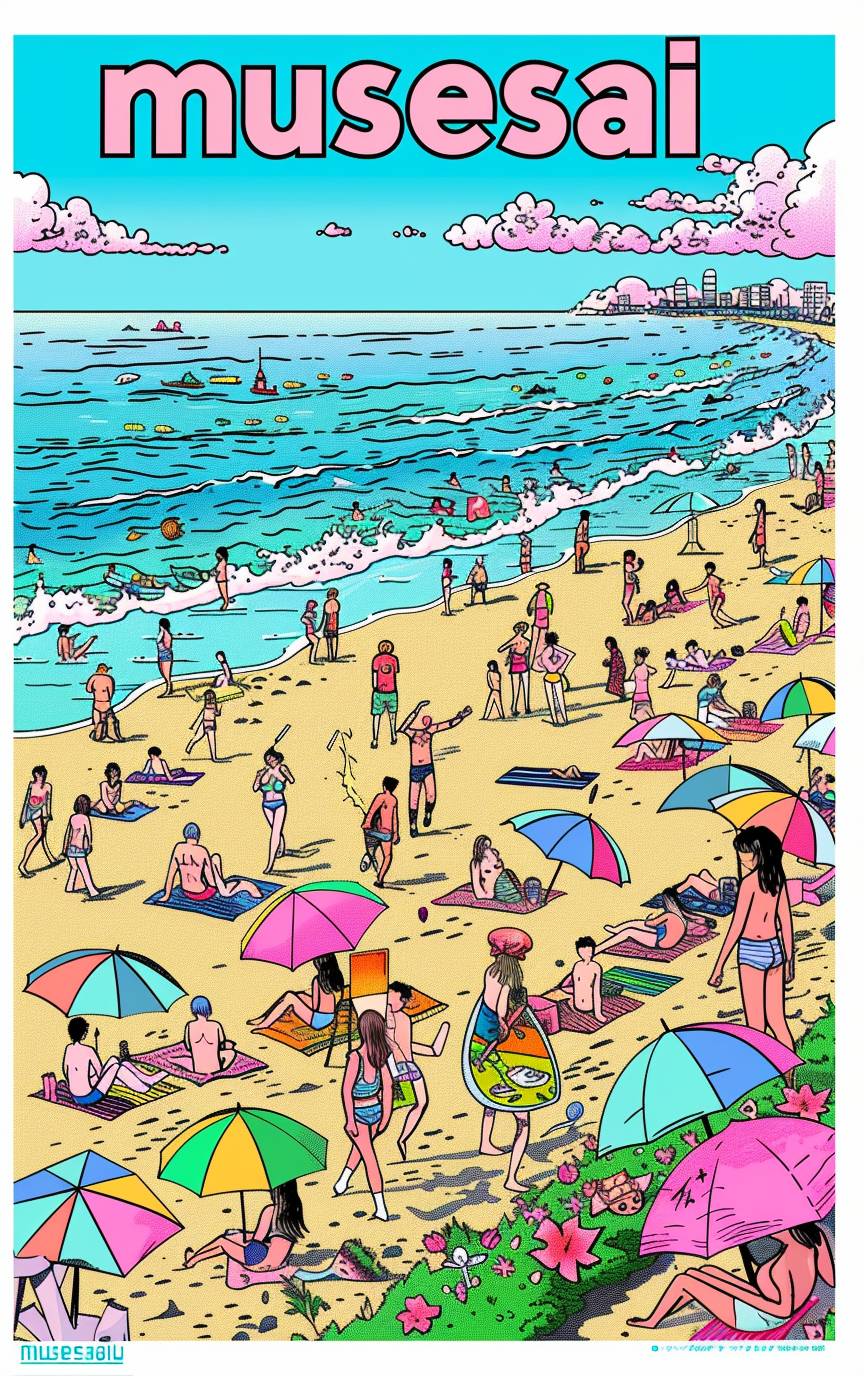 Cute cartoon beach, colorful Japanese poster, background is a ripple of gradation musical melody, title 'musesai' in bold psychedelic font at top of design, bright white neon colors, Japanese typography by K generics, colorful pastel palette with green accents, simple line art by Hiroshi Nagai, white border around all edges, high contrast