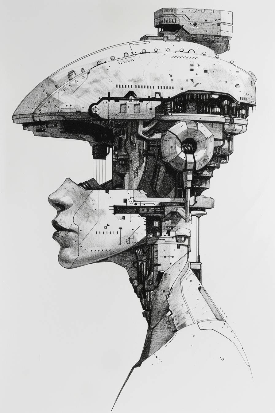 In style of Chris Foss, character, ink art, side view