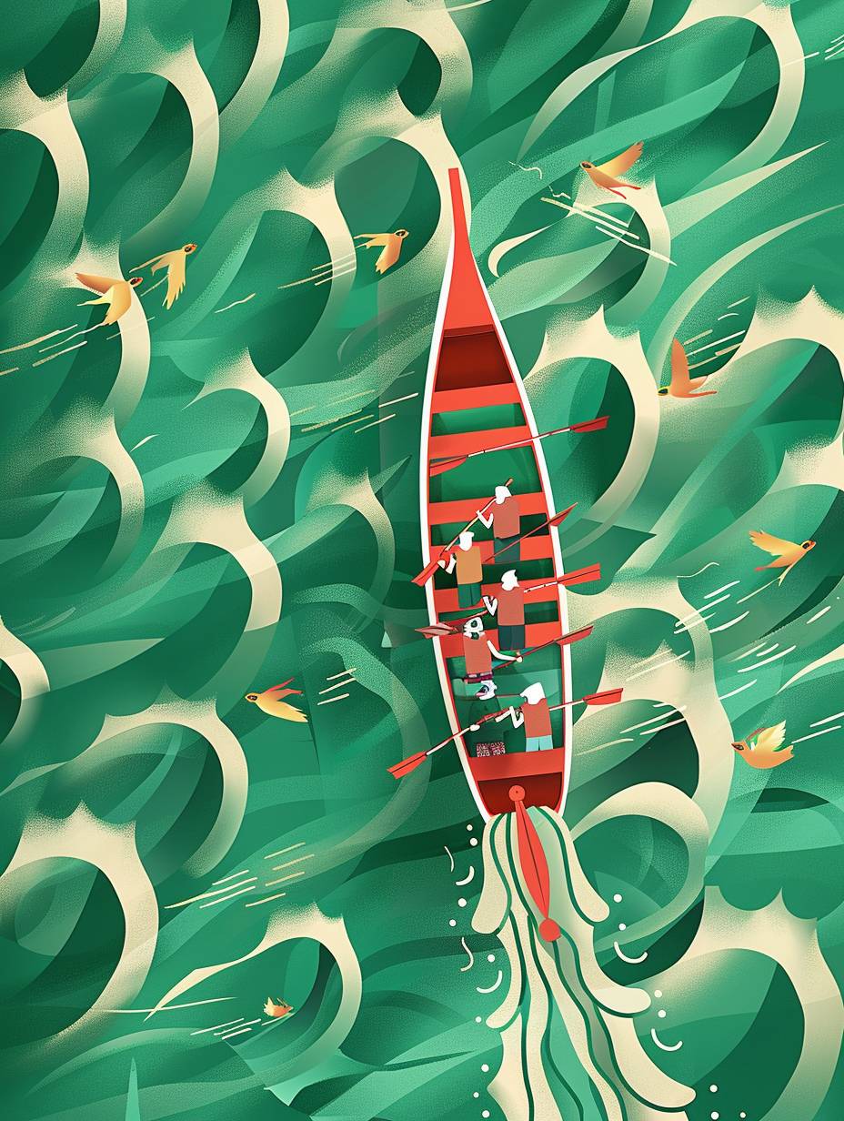 The Dragon Boat race is in the middle, the water ripples to both sides, spring colors, green tones, flat illustration with a bird's-eye view, minimalist style, graphic poster design, flat, no C4D, flat illustration, 8K